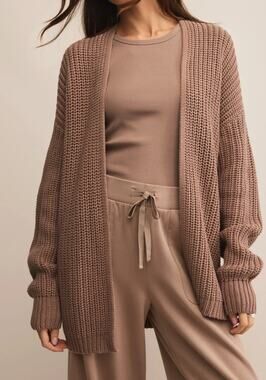 Z Supply Sutton Rib Open Long Sleeve Duster Cardigan Sweater Desert Taupe Brown